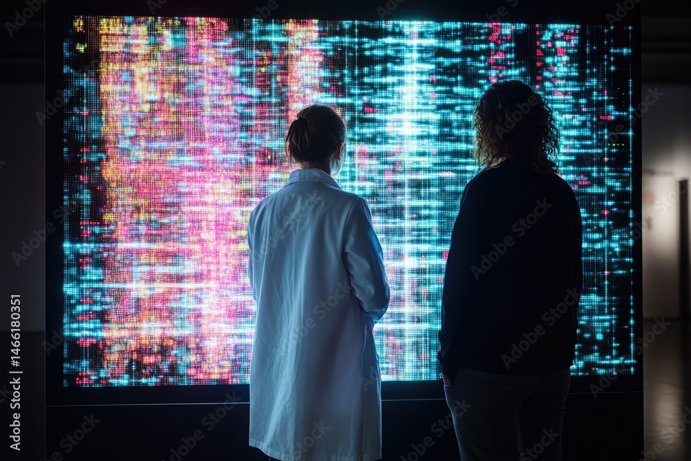Poster two individuals analyze a large screen displaying complex, colorful data streams, possibly represent