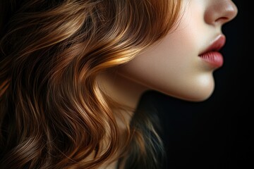 Naklejka premium Close-up profile of a woman with luxurious, wavy auburn hair and subtly made-up lips.