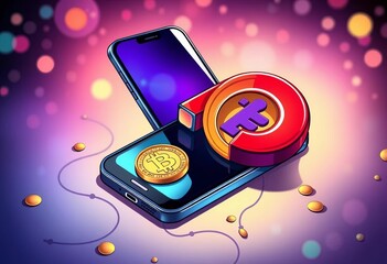 Cartoon phone with magnet attracting large coin,  colorful,  funny