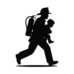 Silhouette of Firefighter Running with Child