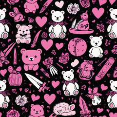 Seamless pattern design featuring cute pink and white teddy bears hearts roses and daggers transparent background