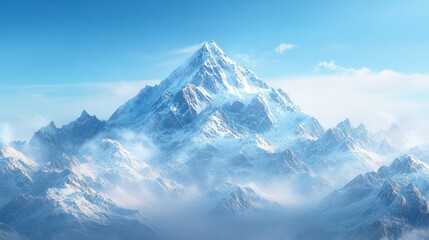 Obraz premium Majestic snow-covered mountain peak towe above surrounding rugged peaks with bright blue sky and clouds creating a stunning natural landscape scene