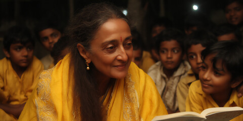 Fototapeta premium a photograph of an indian woman teaching children in a bright classroom, holding a book and smiling warmly. dedicated indian educator.