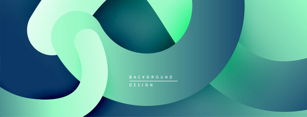 Abstract fluid shapes overlap, creating layered teal, green tones. Modern design evokes movement, depth. Minimalist aesthetic.
