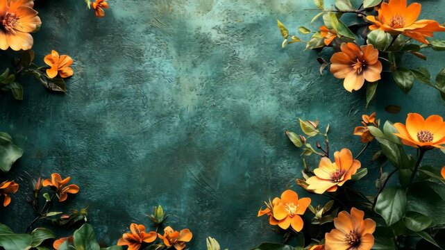 Teal textured background adorned with vibrant orange flowers forming a frame