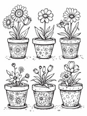 Hand-Painted Colorful Terra Cotta Flower Line Art Design.eps