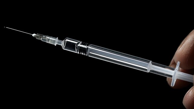 Close-up of a hand holding a sterile medical sye with a fine tip and plunger against a dark background for healthcare and medical injection concepts