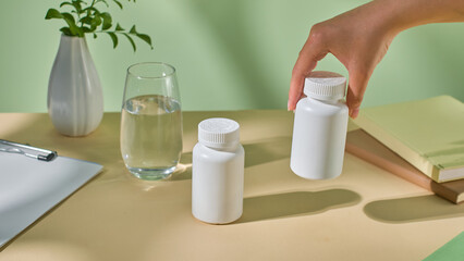 Two medicine bottles are placed on the table, one is lifted by a hand. Shadows of objects are cast...