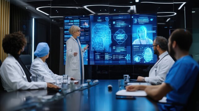 Team of Doctors and Scientists Reviewing Brain Scan Data on Futuristic Screen in Modern Conference