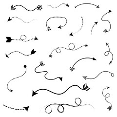 Arrows vector set. Set of simple lines hand drawn black arrows in various style. dash line arrows