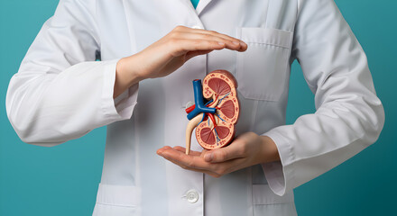 Hands Gently Protecting Detailed Kidney Model in a White Coat Against Turquoise Backdrop Medical Anatomy Concept