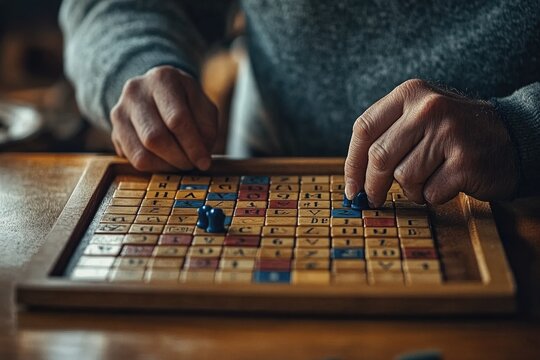 An elderly person plays a word game, strategically placing letter tiles on the board. - Powered by Adobe