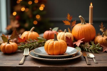 A rustic Thanksgiving table setting with autumnal decor , arrangement, thanksgiving