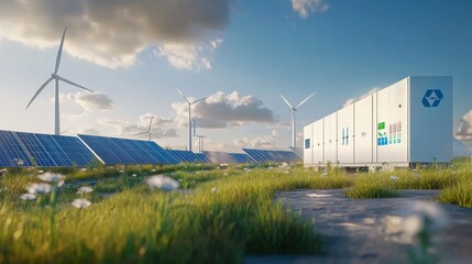 Sustainable energy farm with solar panels and wind turbines