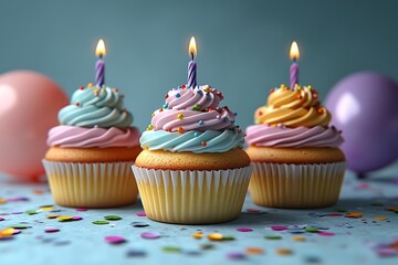 Colorful birthday cupcakes decorated with sprinkles and lit candles against a pastel backdrop