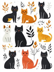 Obraz premium Charming Illustration of Colorful Cats Among Leaves and Plants