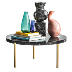 A Stylish Black Marble Side Table with Gold Detailing Isolated on Transparent Background
