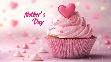 Mother’s Day cupcake illustration with heart-shaped topper and pink cream, celebration concept.