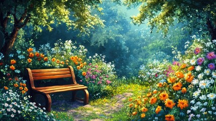 Garden bench in a peaceful blooming flower garden
