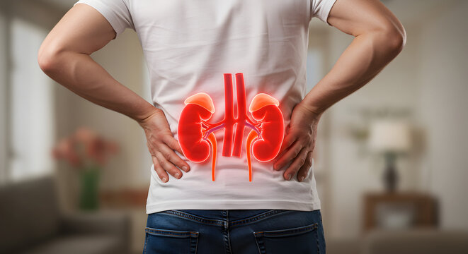 Man Holds Aching Lower Back with Red Kidney Illustration Medical Condition