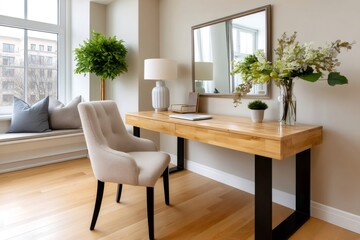 Modern home office interior with wooden desk and comfortable chair