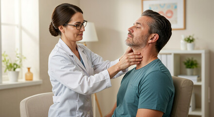 Doctor examining man's thyroid gland in a clinical setting  