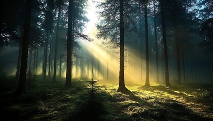 Fototapeta premium Sunlight Through Tall Trees In Misty Forest Landscape with Mossy Forest Floor
