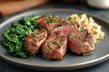 Gourmet Grilled Filet Mignon Slices with Saut ed Spinach and Rice Pilaf