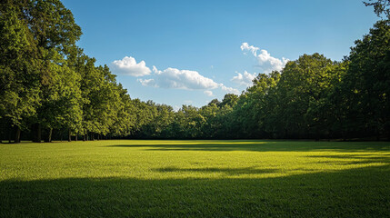 Lush green field with tree line in background, perfect for copy space