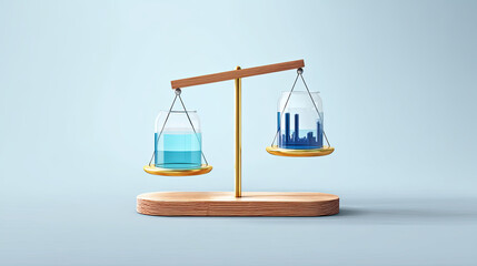 Balance scale water jar city skyline wooden base golden scale blue liquid conceptual environmental balance sustainability urban impact pollution clean water environmental protection ecology