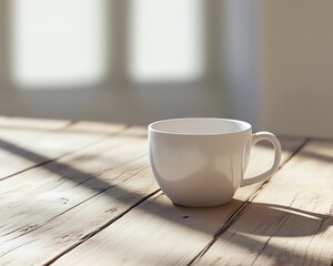 White mug on wooden table with sunlight