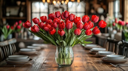 Vibrant Red Tulips Centerpiece on a Wooden Dining Table tulips centerpiece vibrant red tulips vase