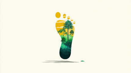 Ecological footprint concept with stylized footprint shape filled with tropical forest and sunset colors, symbolizing environmental impact and nature conservation awareness