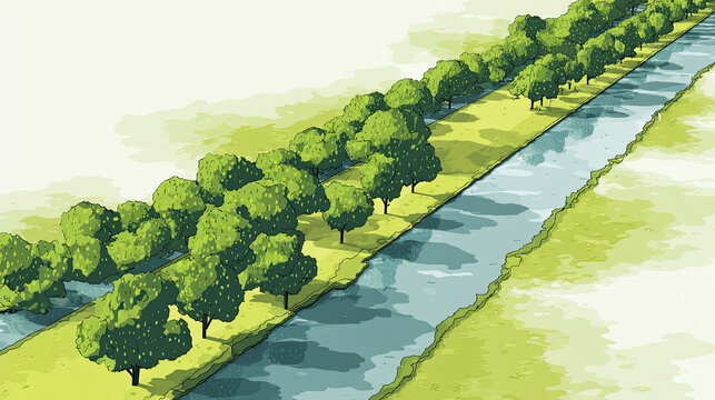 Riparian buffer zone with green trees along calm waterway, showing natural vegetated area that protects water and enhances landscape with lush greenery and peaceful environment