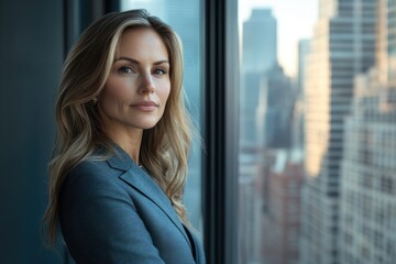Confident woman in a suit looks out a window at a cityscape, conveying ambition and success.