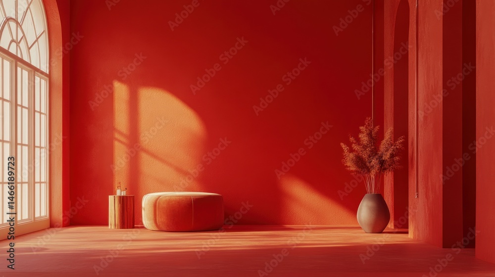 Poster vibrant red room with sunlight streaming through a large window