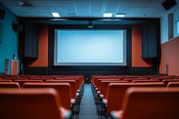 Empty Modern Cinema Auditorium with Large Screen and Red Seats