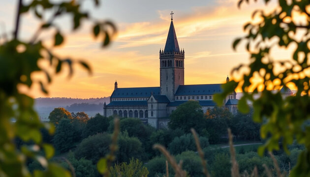 Historic Corvey Abbey at Sunset Through Foliage with Golden Sky
