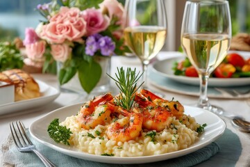 Delicious risotto with grilled shrimps, rosemary and white wine being served for lunch