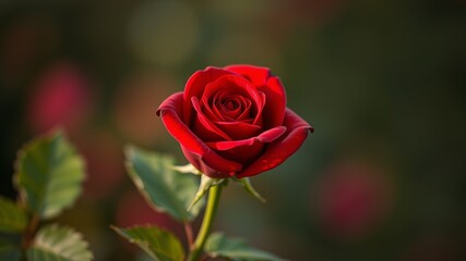 A single, vibrant red rose stands elegantly against a softly blurred background of greenery and other roses.