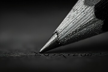 Monochrome macro shot of a pencil tip writing on dark paper with limited lighting