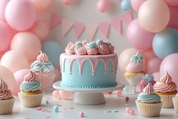 Pastel birthday celebration with cake cupcakes balloons and party decorations for joyful occasions