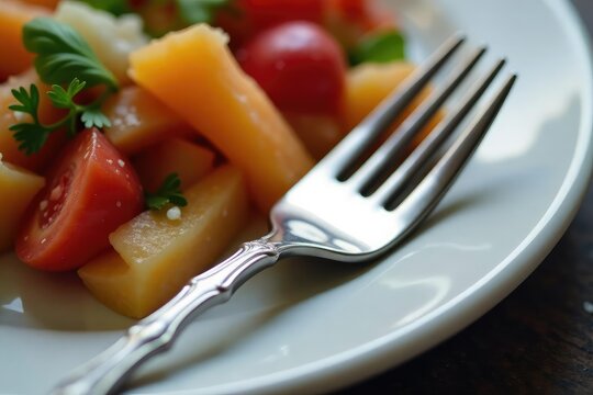 Close-up of a gleaming, polished fork; elegant flatware detail , metal, design