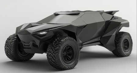 Futuristic Off-Road Vehicle: A sleek, dark-grey, futuristic off-road vehicle with aggressive lines and large, rugged tires. The vehicle's design suggests power, speed, and advanced technology.