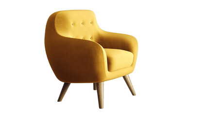 A mustard yellow armchair features a rounded, modern design with smooth contours. The backrest is...