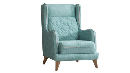 Upholstered wingback chair in teal fabric with a quilted diamond pattern on the backrest, isolated...