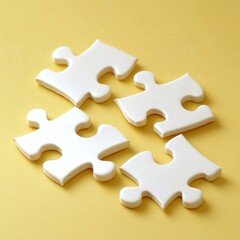 Obraz premium Four white puzzle pieces on a yellow background