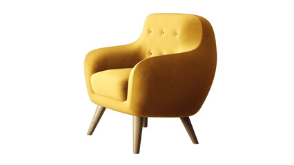 A mustard yellow armchair features a rounded, modern design with smooth contours. The backrest is...
