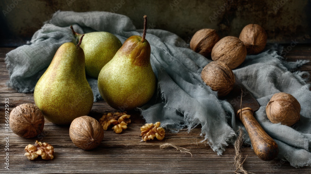 Poster rustic table setting with fresh pears, walnuts, and a linen napkin arranged for a cozy autumn gather