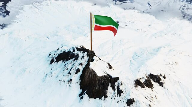 Dynamic 3D animation showcasing the Chechen flag with its green, white, and red horizontal stripes and a vertical white band featuring a golden national ornament, fluttering atop a snowy mountain summ